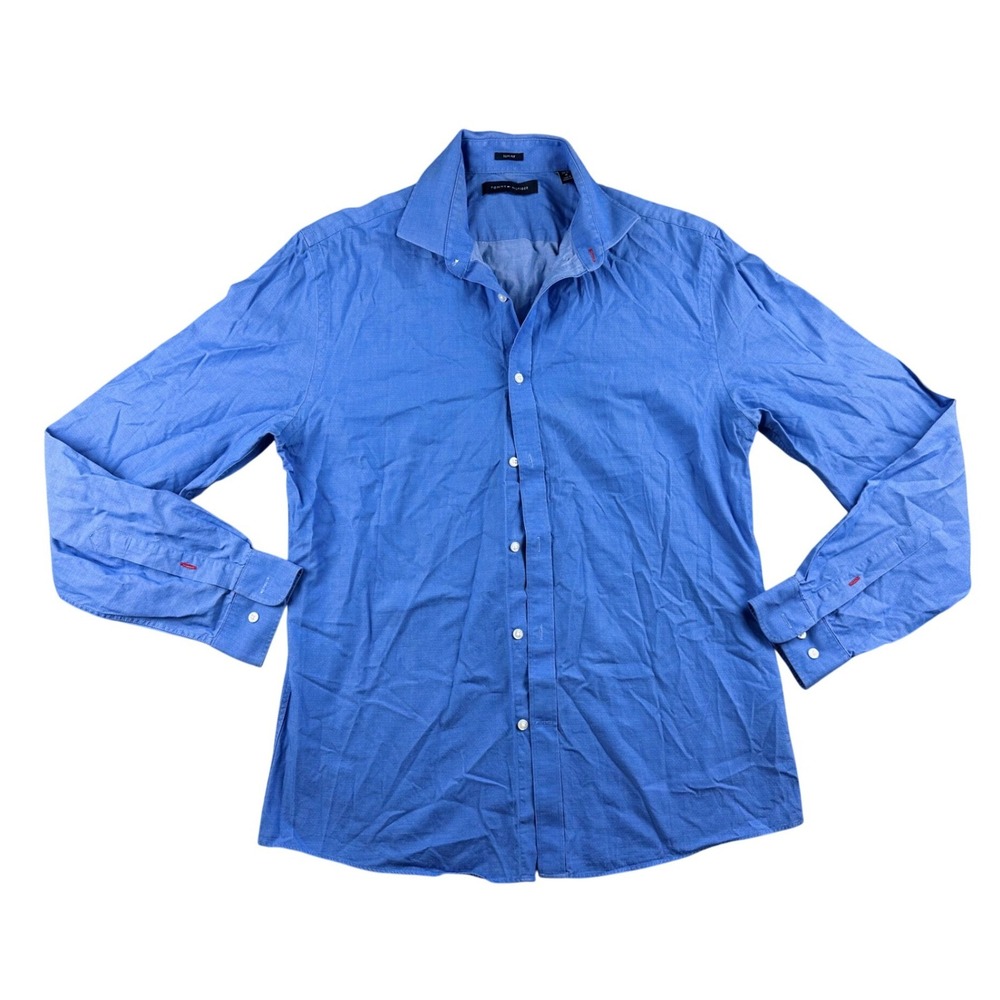 Tommy Hilfiger Slim Fit Shirt Men 15.5 34/35‎ M Blue Long Sleeve Button Down